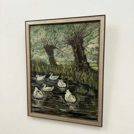 Authentic Animals Oil Painting "White Ducks" Expressive Small Artwork Holland Art Shop