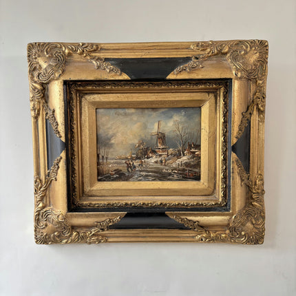 Antique Winter Landscape Oil Painting "Gilded Frame" Detailed Small Art Holland Art Shop