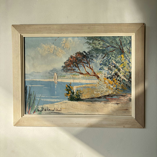 Marvelous Oil Painting Seascape "Lonely Sculpture" Vintage Medium Art