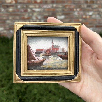 Vintage Harbor Scene Oil Painting "Gilded Frame" Expressive Small Artwork Holland Art Shop