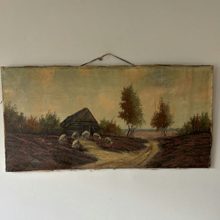 19th Century Antique Farm Oil Painting "Thatched Hut" Large Art Holland Art Shop