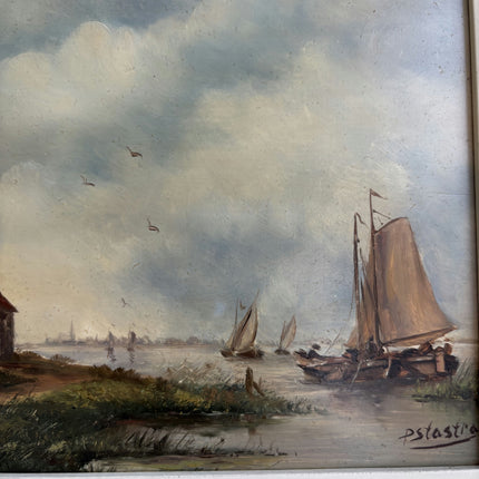 Rustic Harbor Scene Oil Painting "Sailing Boat" Vintage Dutch Artwork Holland Art Shop