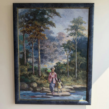 Vintage Figurative Oil Painting "Mother Walking" Rustic Large Artwork Holland Art Shop