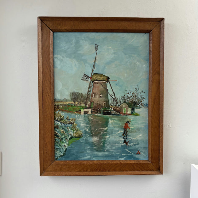 Fine Oil Painting Winter Landscape "Windmill Reflection" Handcrafted Large Art