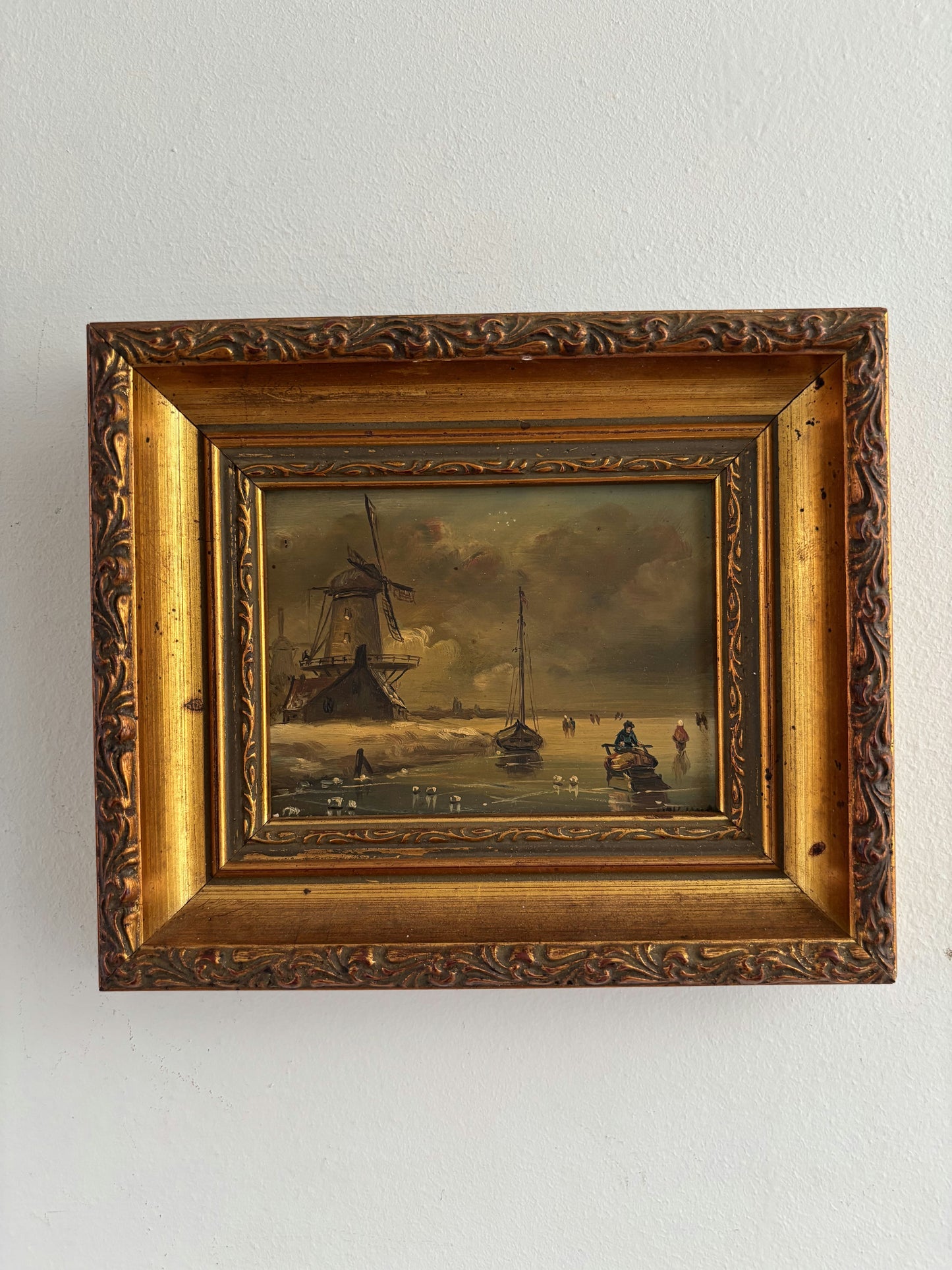 Remarkable Oil Painting Winter Landscape "Windmill Scene" Intriguing Small Art