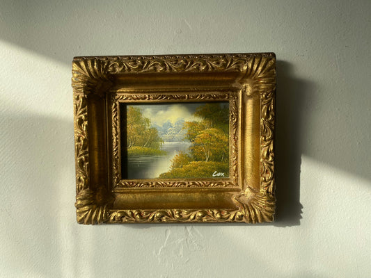 Vintage "Summer Stream" River Trees Mountain Sky Original Oil Painting by Cox Framed Small Landscape 20 x 17 cm