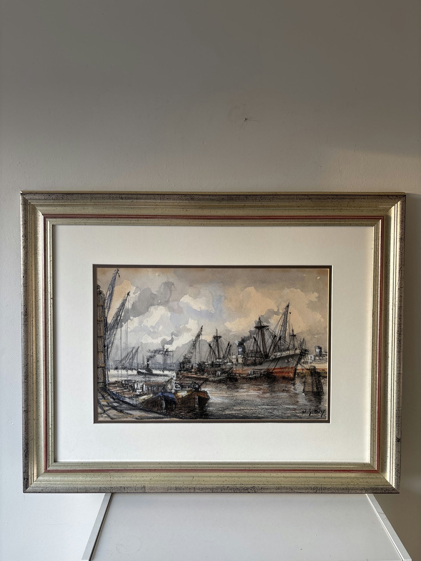 Antique Harbor Scene Mixed Media "Harbor Ships" Intriguing Netherlands  Art