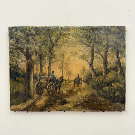 19th Century Antique Landscape Oil Painting "Horse Carriage" Small Artwork Holland Art Shop