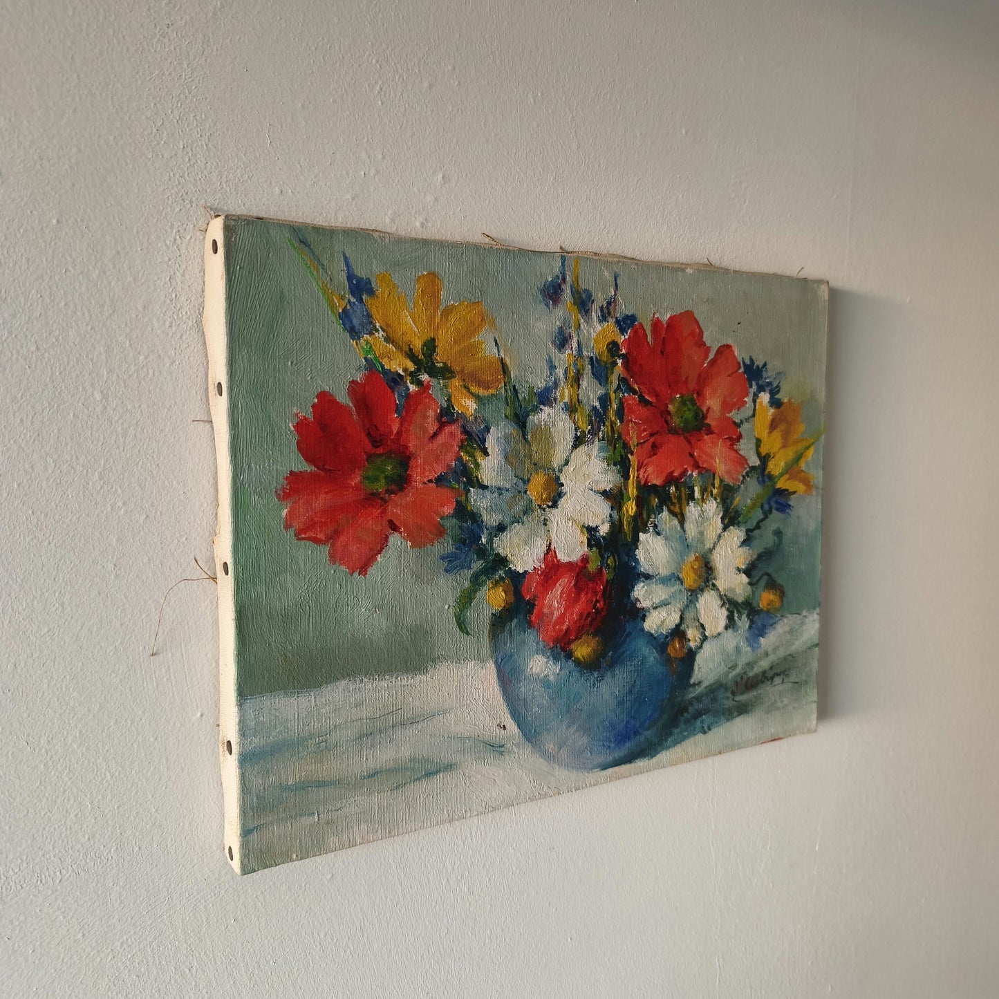 20th Century Blue Vase Red Yellow White Wildflowers Oil Painting Vintage