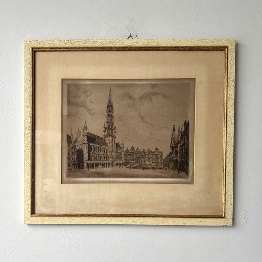 Vintage Cityscape Etching "Town Hall Tower" Original Medium Art