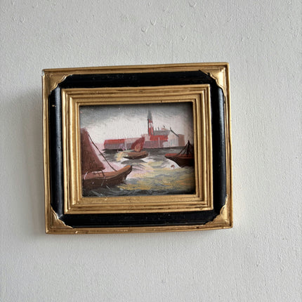 Vintage Harbor Scene Oil Painting "Gilded Frame" Expressive Small Artwork Holland Art Shop