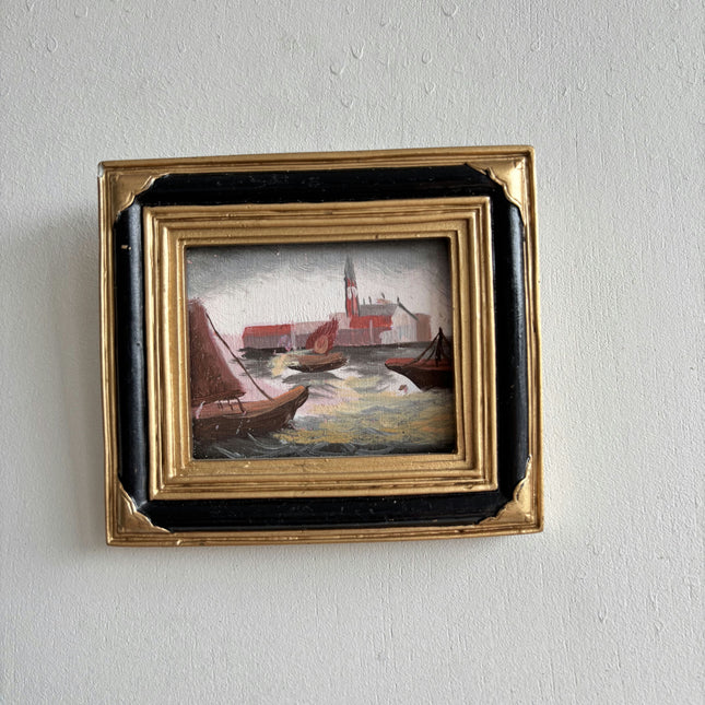 Vintage Harbor Scene Oil Painting "Gilded Frame" Expressive Small Artwork Holland Art Shop