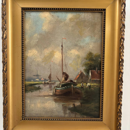 Antique Landscape Oil Painting "Sailboat Mast" Original Small Artwork Holland Art Shop