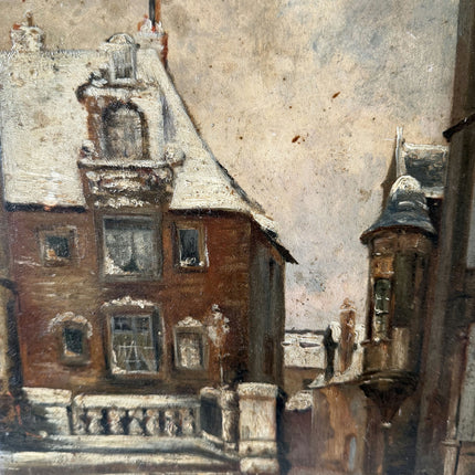 19th Century Antique Cityscape Oil Painting "Snowy House" Small Artwork Holland Art Shop