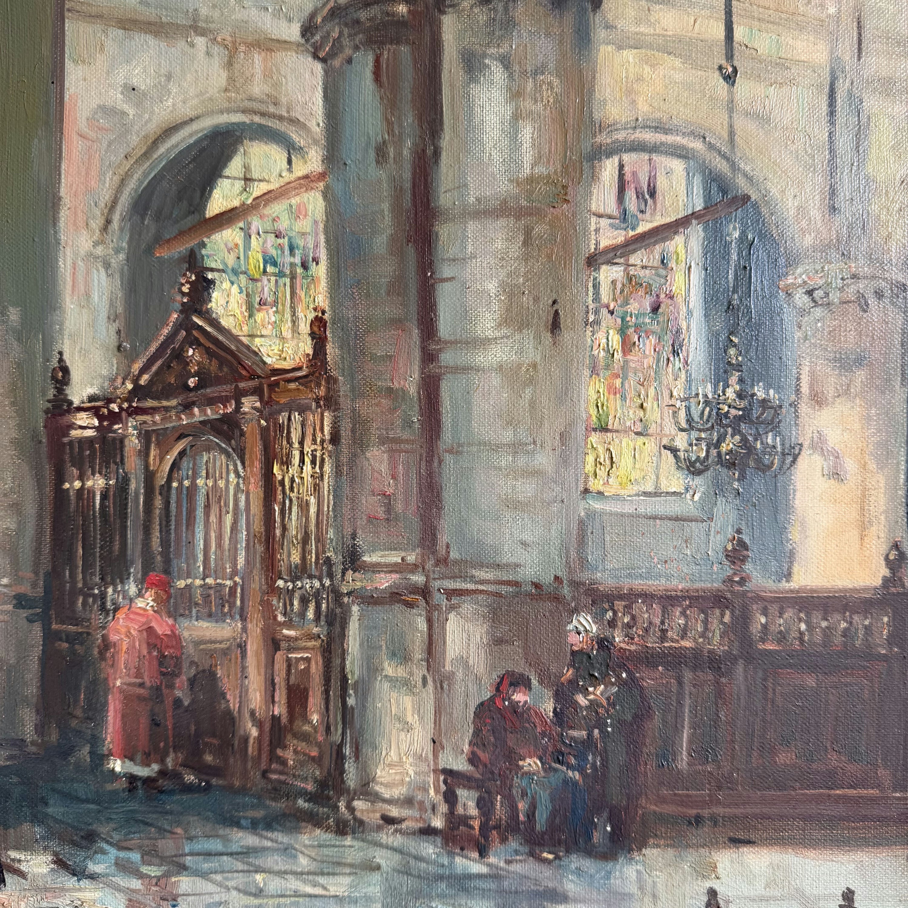Vintage Church Interior Oil Painting 
