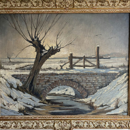 Original Winter Landscape Oil Painting "Snowy Bridge" Rustic Artwork Holland Art Shop