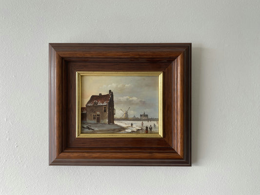 Winter Village With Ice Skaters Oil Painting Windmill Vintage Art