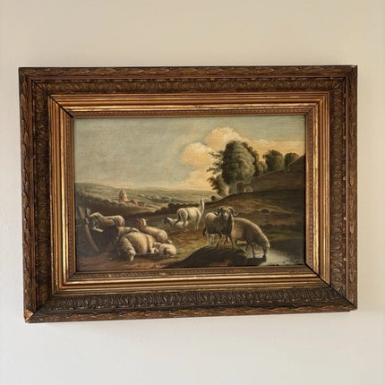 Beautiful 19th Century “SHEPHERD’S VIEW” antique landscape oil painting pastoral - HollandArtShop
