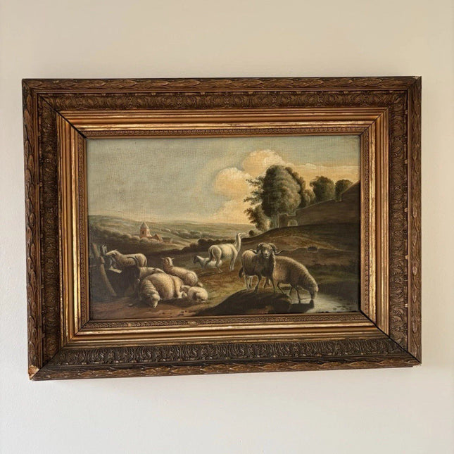 Beautiful 19th Century “SHEPHERD’S VIEW” antique landscape oil painting pastoral - HollandArtShop