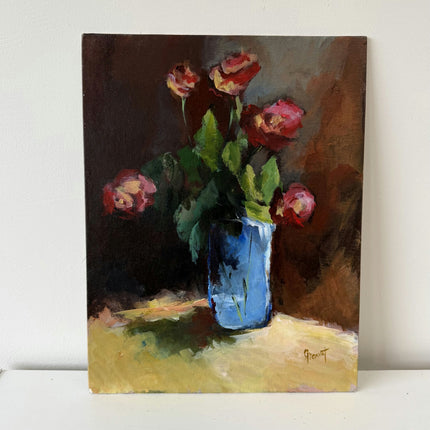 Handcrafted Flowery Still Life Oil Painting "Blue Vase" Elegant Small Art Holland Art Shop