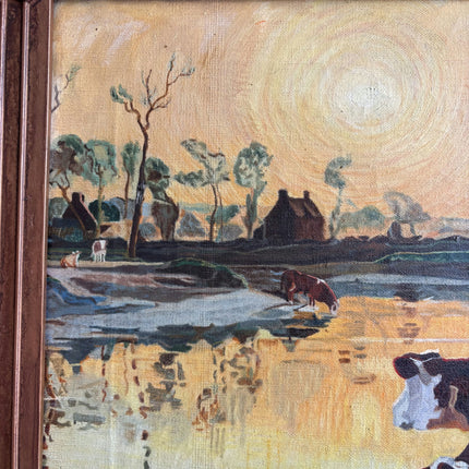 Rustic Landscape Oil Painting "Grazing Cows" Handcrafted Art Holland Art Shop