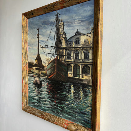 Handcrafted Harbor Scene Oil Painting "Docked Gondola" Original Art Holland Art Shop