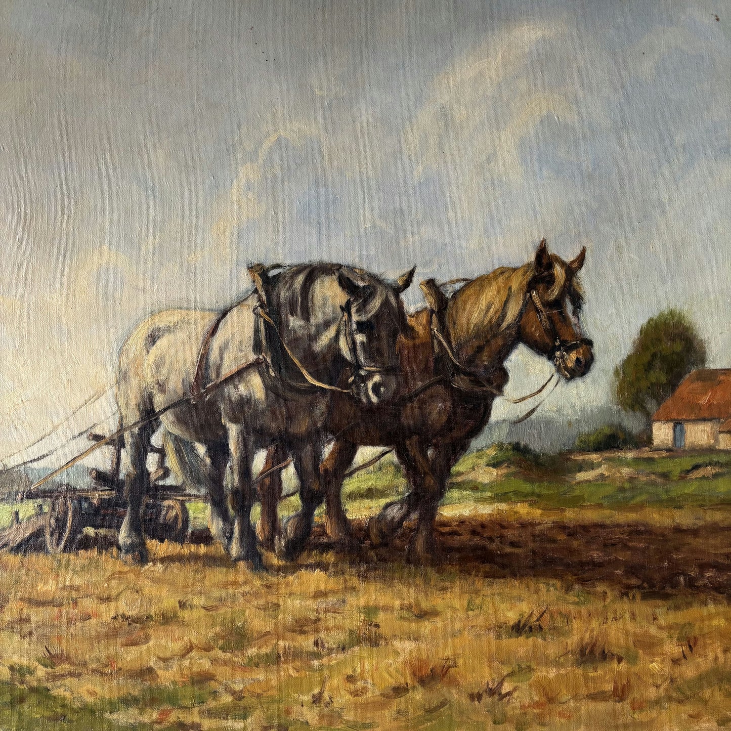 Antique Animals Oil Painting "Plowing Horses" Remarkable Large Artwork