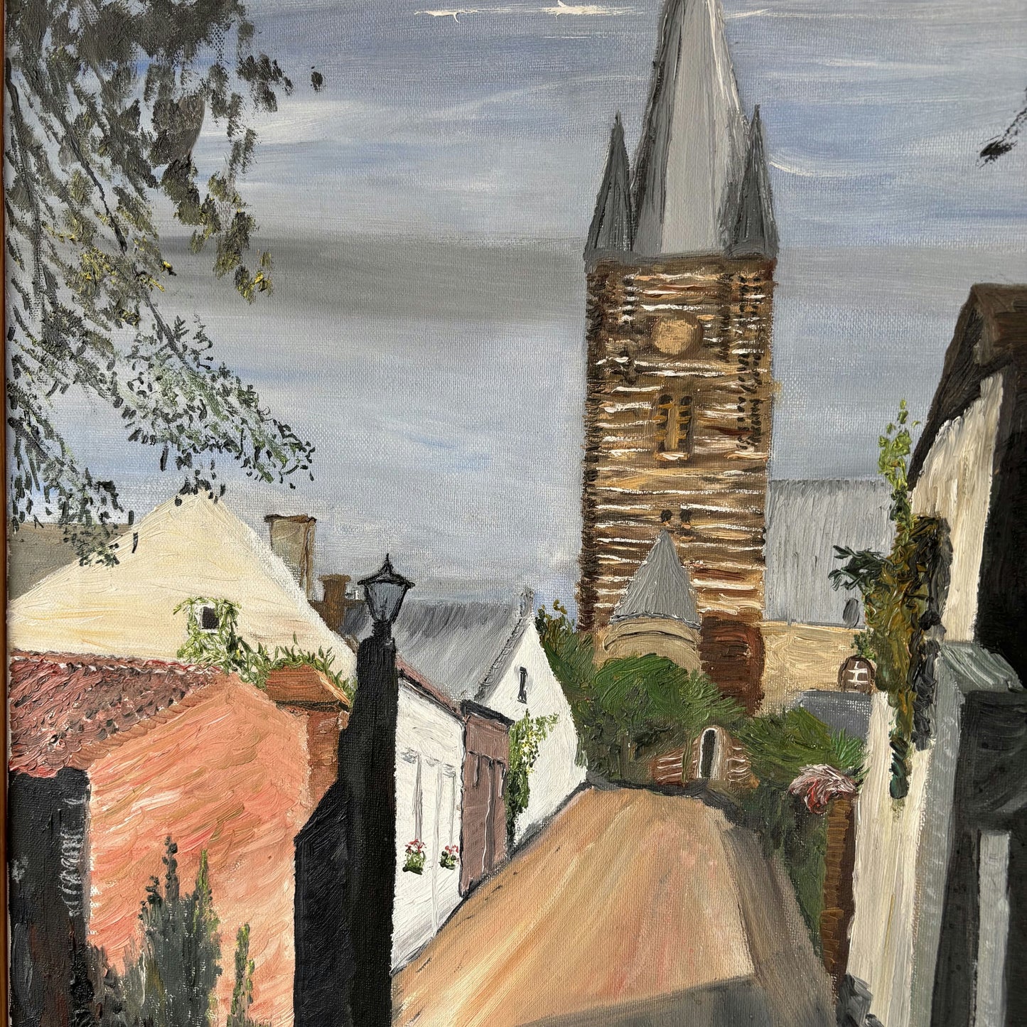 Figurative Oil Painting Cityscape "Church Tower" Vintage Medium Art