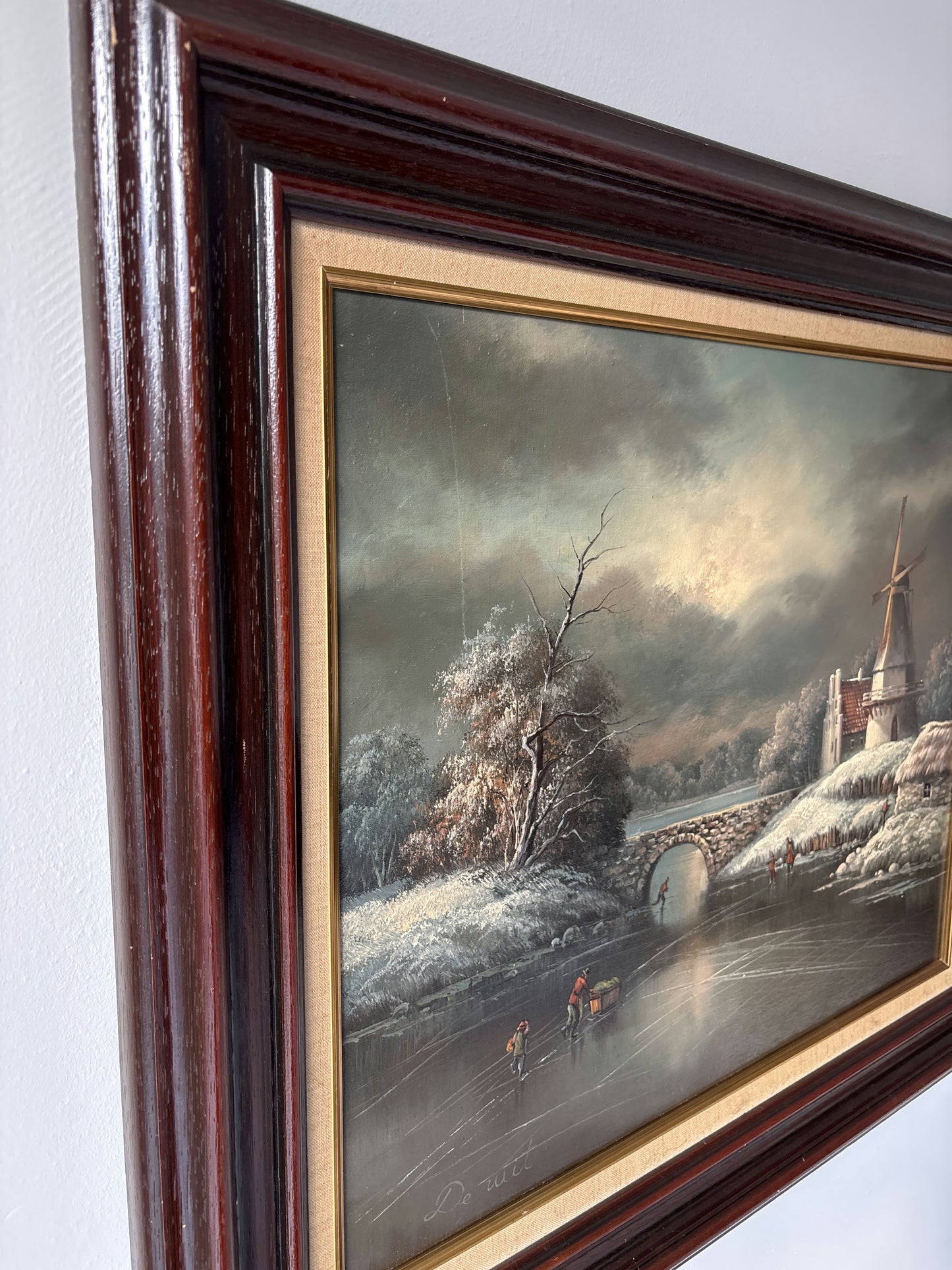 20th Century Vintage Winter Windmill Stone Bridge River Skaters Oil Painting