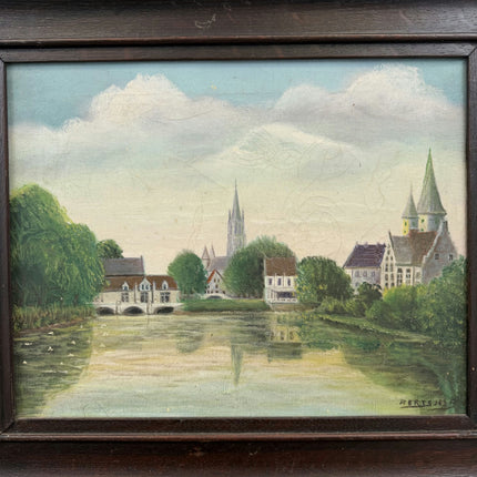 Detailed Cityscape Oil Painting "Riverside Village" Refined Art Holland Art Shop