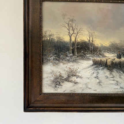 Intriguing Oil Painting Winter Landscape "Shepherd With Sheep" Belgique Art Holland Art Shop
