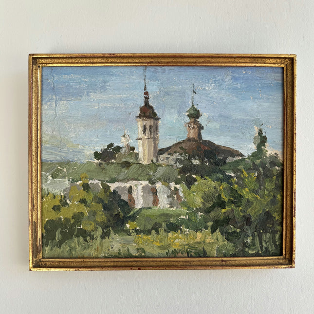 Original Landscape Oil Painting "Church Towers" Rustic Small Artwork Holland Art Shop