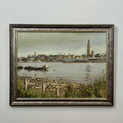 Elegant Harbor Scene Oil Painting "Riverbank Fence" Classic Large Art Holland Art Shop