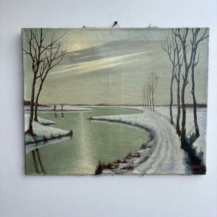 Refined Winter Landscape Oil Painting "Frozen River" Elegant Art Holland Art Shop