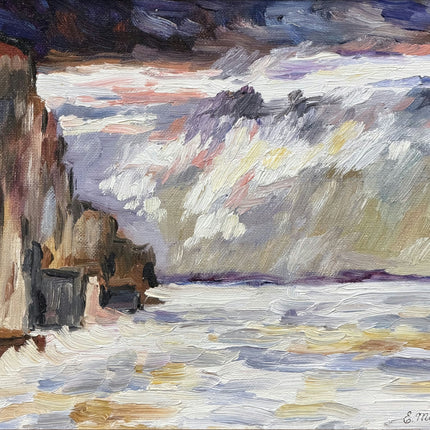 Original Seascape Oil Painting "Rocky Cliff" Authentic Small Art Holland Art Shop