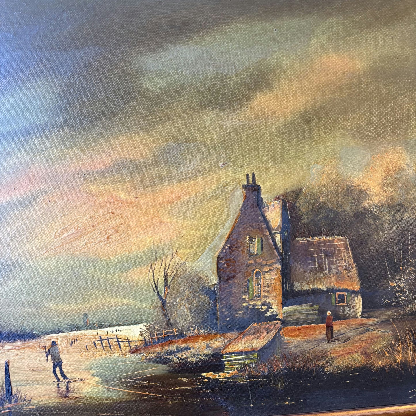 A Landscape Oil Painting "Skating Figure" Intriguing Large Art