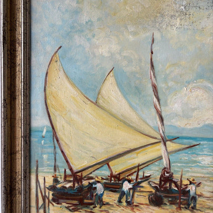 Brazil Art “SAILBOATS TROPICAL SEASIDE” Oil Painting Coastal Figures Palm Tree - HollandArtShop