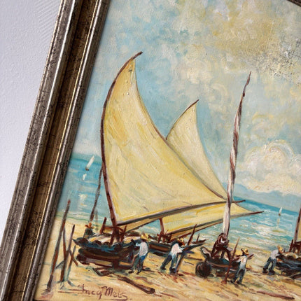 Brazil Art “SAILBOATS TROPICAL SEASIDE” Oil Painting Coastal Figures Palm Tree - HollandArtShop
