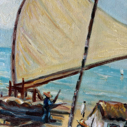 Brazil Art “SAILBOATS TROPICAL SEASIDE” Oil Painting Coastal Figures Palm Tree - HollandArtShop