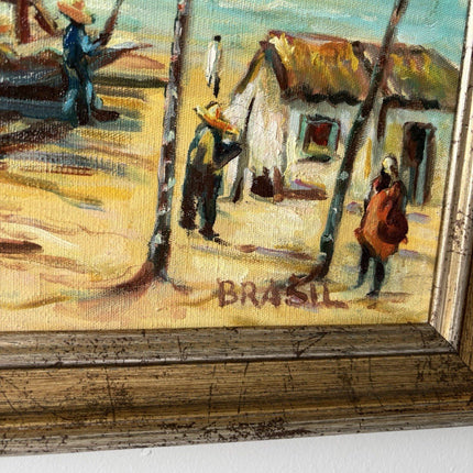 Brazil Art “SAILBOATS TROPICAL SEASIDE” Oil Painting Coastal Figures Palm Tree - HollandArtShop