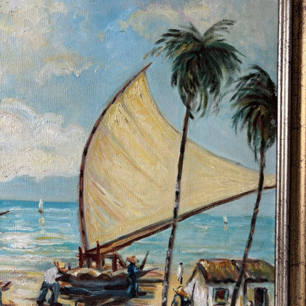 Brazil Art “SAILBOATS TROPICAL SEASIDE” Oil Painting Coastal Figures Palm Tree - HollandArtShop
