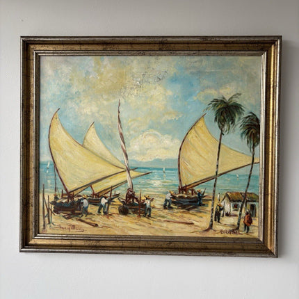 Brazil Art “SAILBOATS TROPICAL SEASIDE” Oil Painting Coastal Figures Palm Tree - HollandArtShop