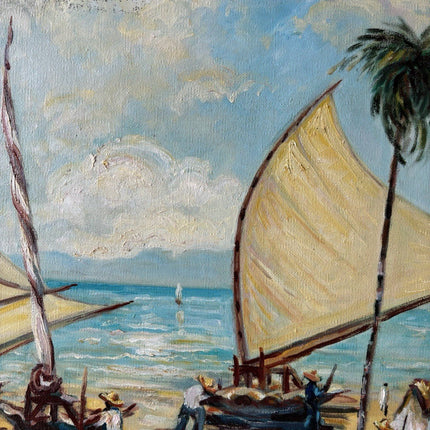 Brazil Art “SAILBOATS TROPICAL SEASIDE” Oil Painting Coastal Figures Palm Tree - HollandArtShop