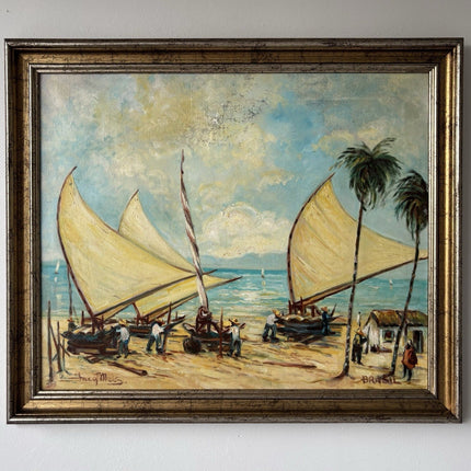 Brazil Art “SAILBOATS TROPICAL SEASIDE” Oil Painting Coastal Figures Palm Tree - HollandArtShop