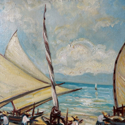 Brazil Art “SAILBOATS TROPICAL SEASIDE” Oil Painting Coastal Figures Palm Tree - HollandArtShop