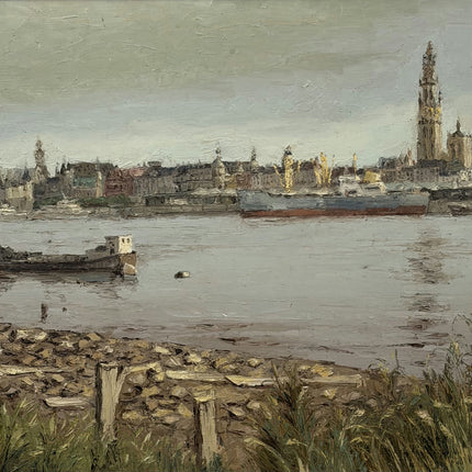 Elegant Harbor Scene Oil Painting "Riverbank Fence" Classic Large Art Holland Art Shop