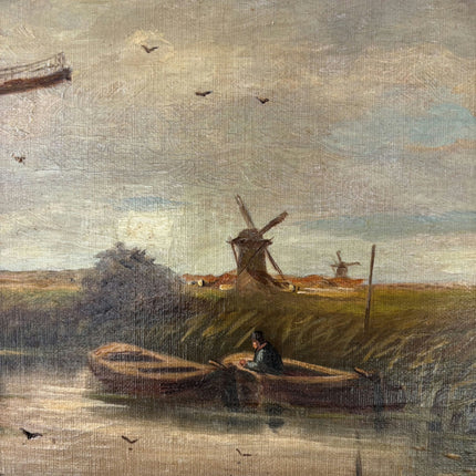 19th Century Antique Seascape Oil Painting "Windmill Tower" Dutch Artwork Holland Art Shop