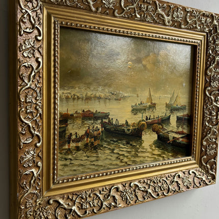 Detailed Harbor Scene Oil Painting "Gilded Frame" Rustic Small Art Holland Art Shop