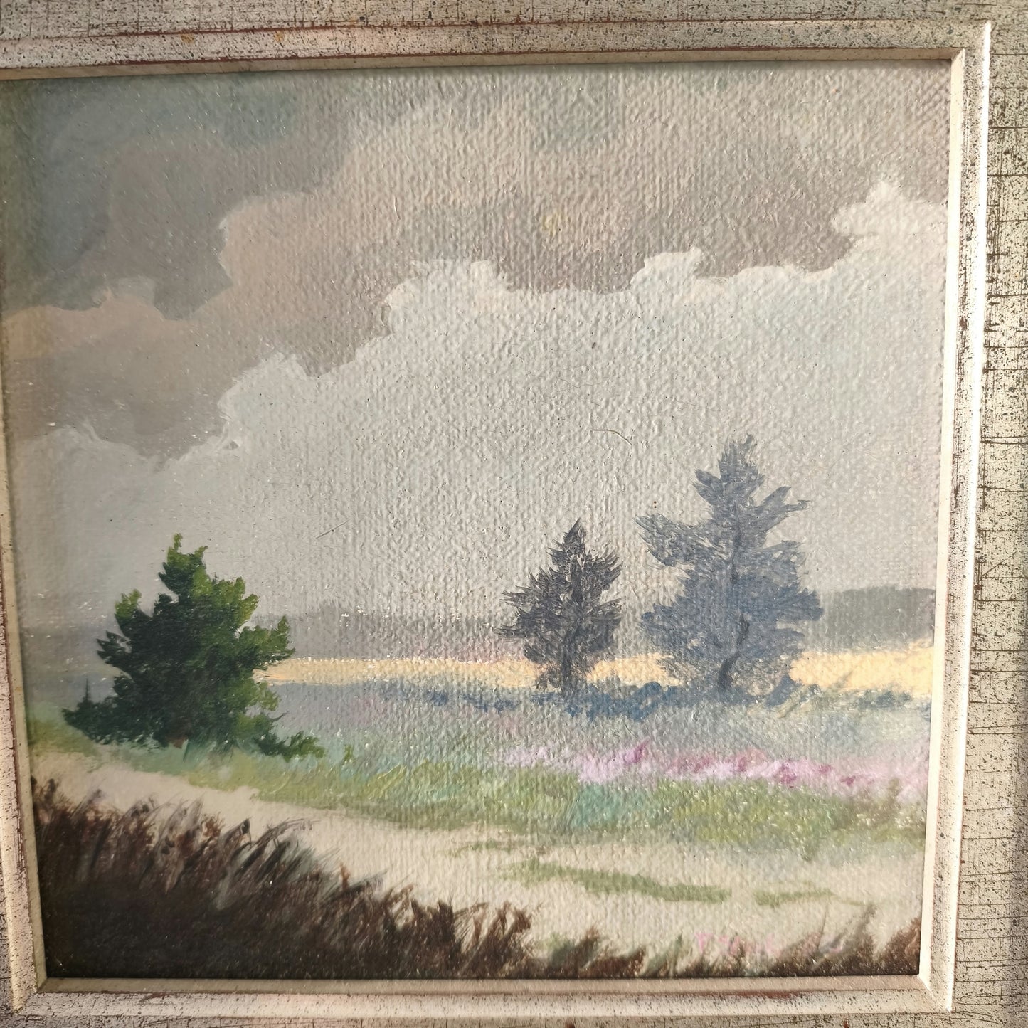 20th Century Vintage Meadow Path Trees Sky Clouds Oil Painting Authentic
