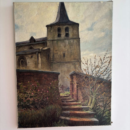 Rustic Cityscape Oil Painting "Church Tower" Traditional Belgique Artwork Holland Art Shop